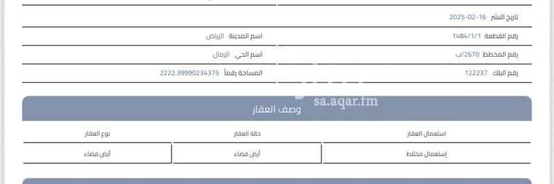 2222 sqm land in Al Rimal 2