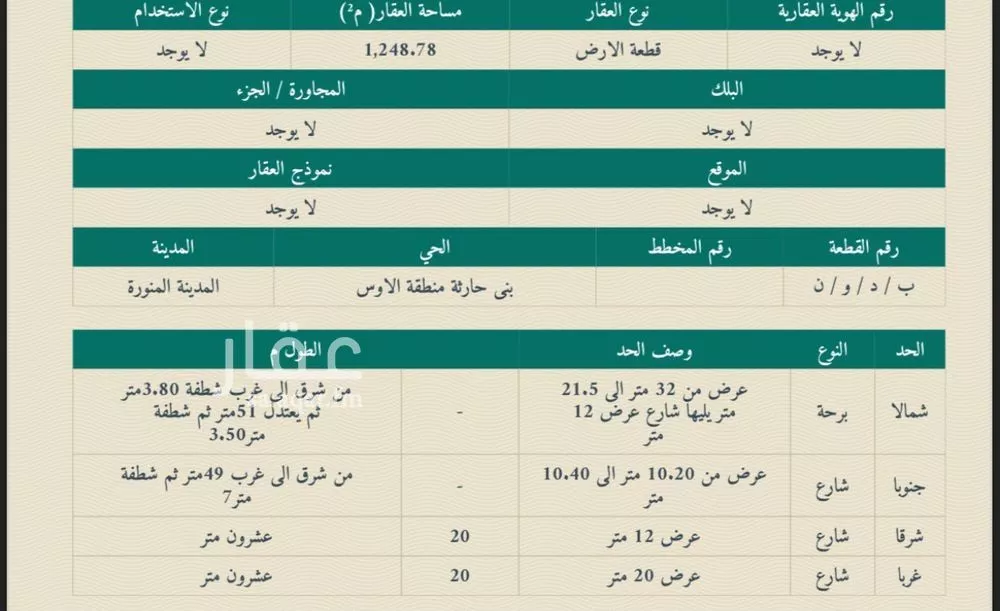 أرض 1248 م² في بني حارثة