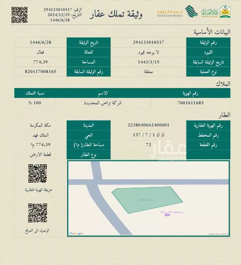 أرض 774 م² في الملك فهد 1