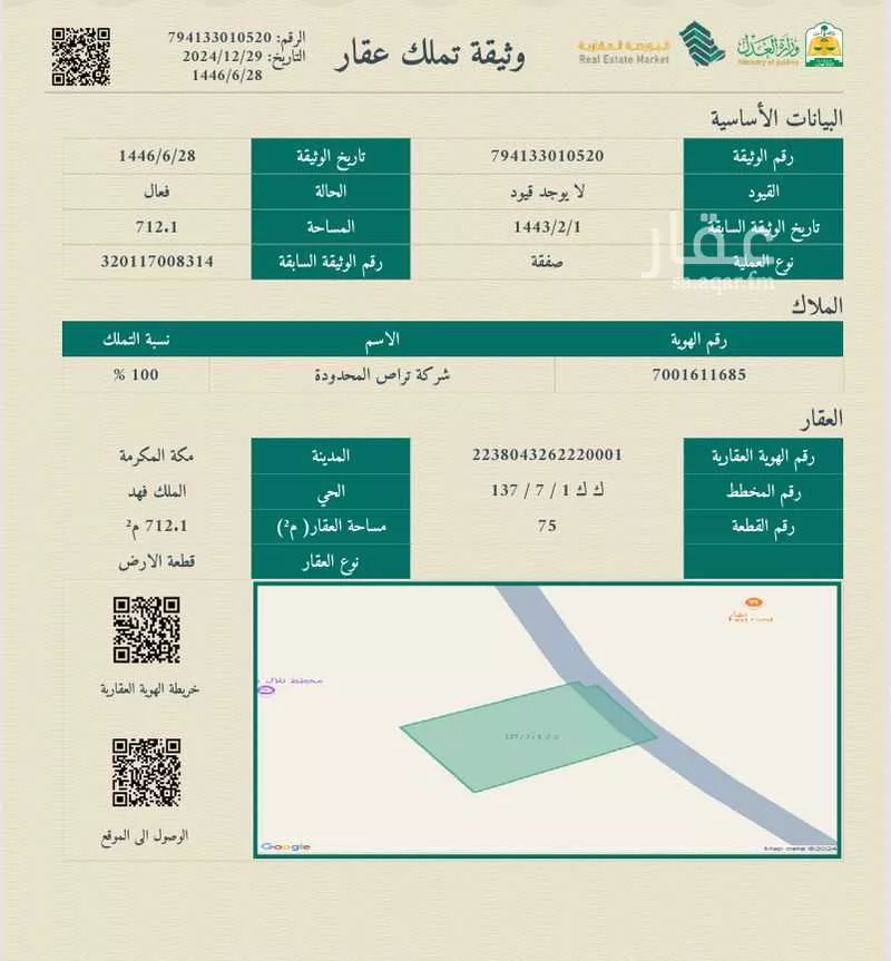 أرض 712 م² في الملك فهد 1