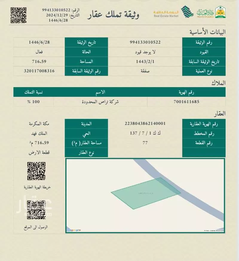 أرض 716 م² في الملك فهد 1