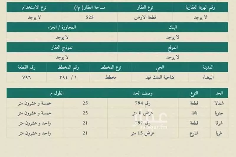 أرض 525 م² في ضاحية الملك فهد 4