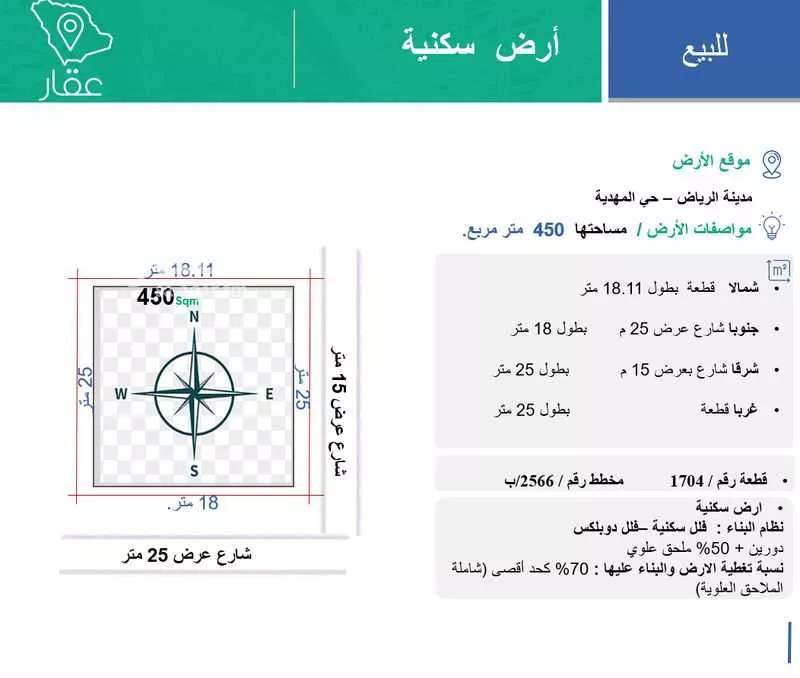أرض 450 م² في المهدية 2