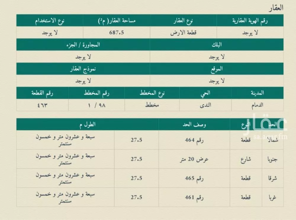 أرض 687 م² في الندى 2
