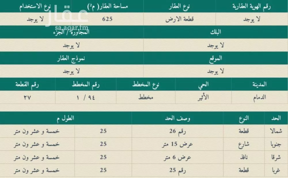 أرض 625 م² في الاثير 1