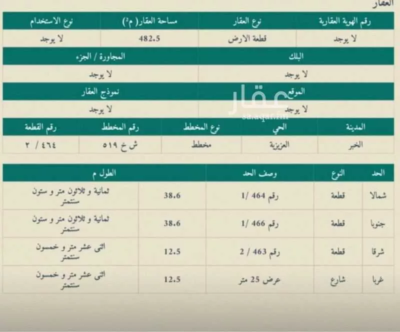 أرض 482 م² في العقيق 2