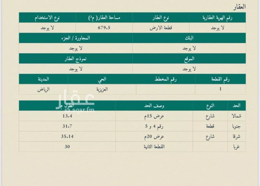 أرض 679 م² في العزيزية 2