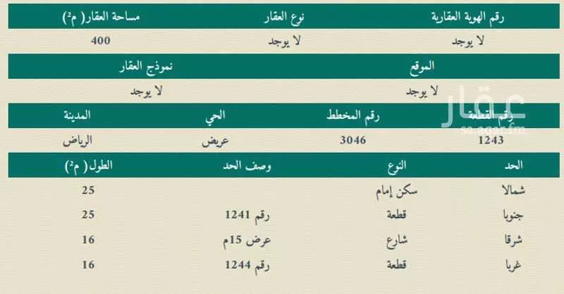 أرض 400 م² في عريض 4