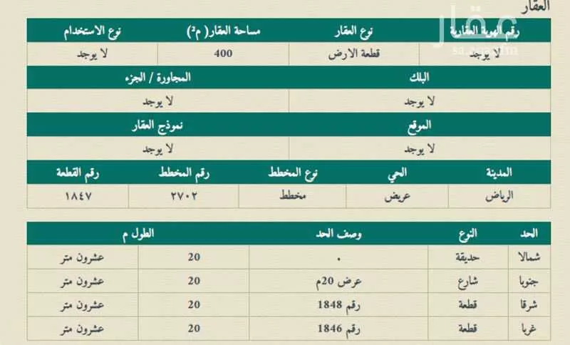 أرض 400 م² في عريض 2