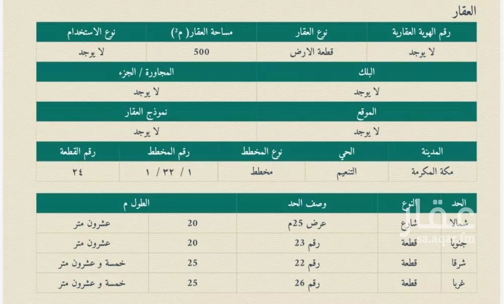 أرض 500 م² في التنعيم