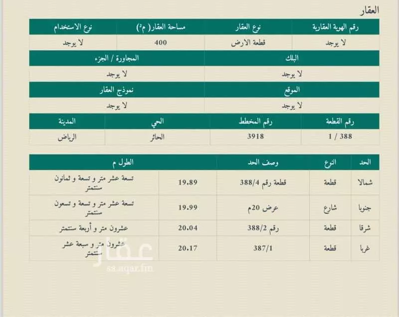 أرض 400 م² في الحائر 2