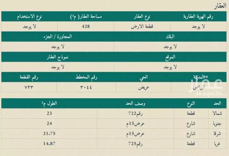 أرض 428 م² في عريض 2