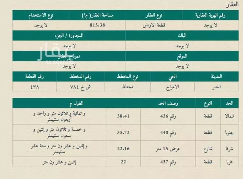أرض 815 م² في الشراع 2