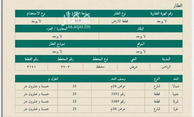 أرض 625 م² في عريض 3