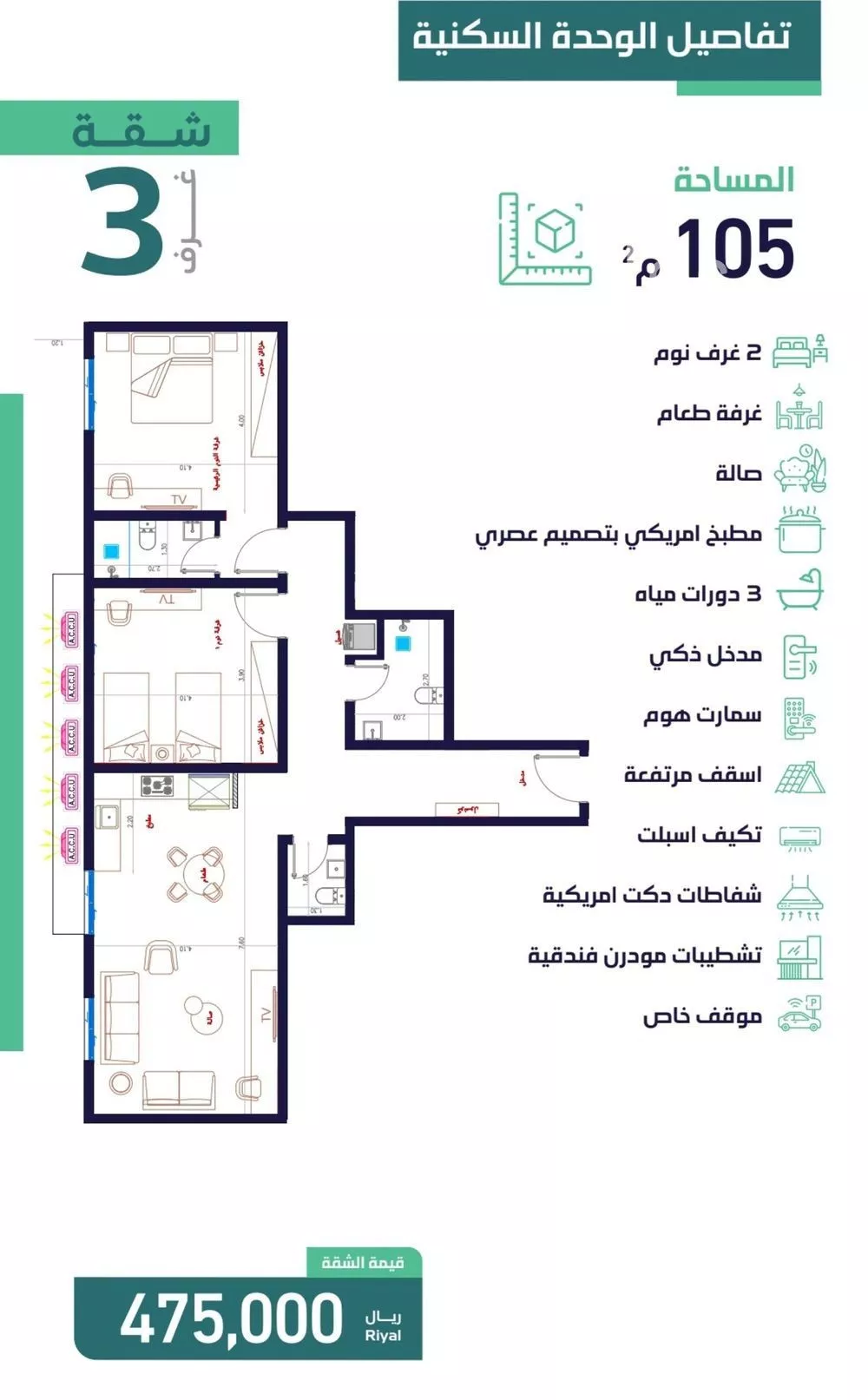شقة 3 غرف في السلامة 1