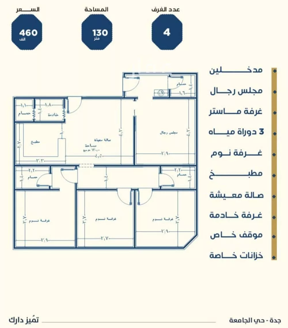 شقة 4 غرف في الجامعة