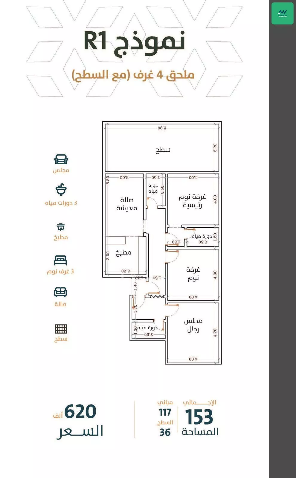 شقة 3 غرف في الربوة 5