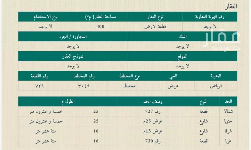 أرض 400 م² في عريض 4