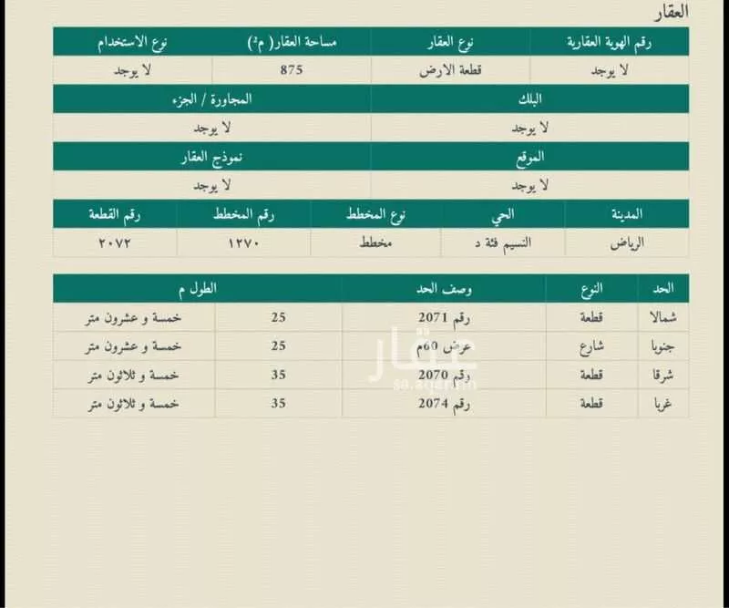 أرض 875 م² في النسيم الغربي