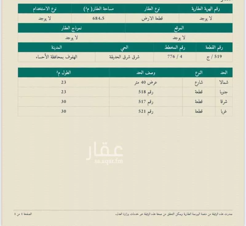 أرض للبيع في شارع مارية القبطية , حي الحزام الأخضر, مدينة الاحساء, المنطقة الشرقية 1 صورة