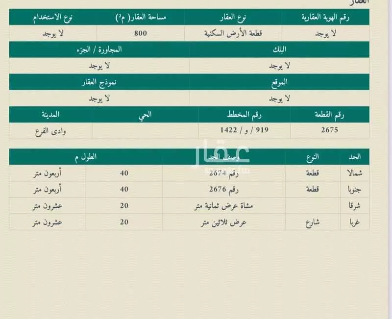 أرض للبيع في حي مخطط وادي الفرع, مدينة وادي الفرع, منطقة المدينة المنورة 1 صورة