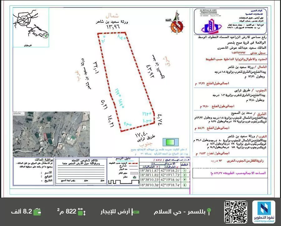 أرض للإيجار في شارع بللحمر, حي حي العزيزيه, مدينة العطوف (صبح), منطقة عسير 1 صورة