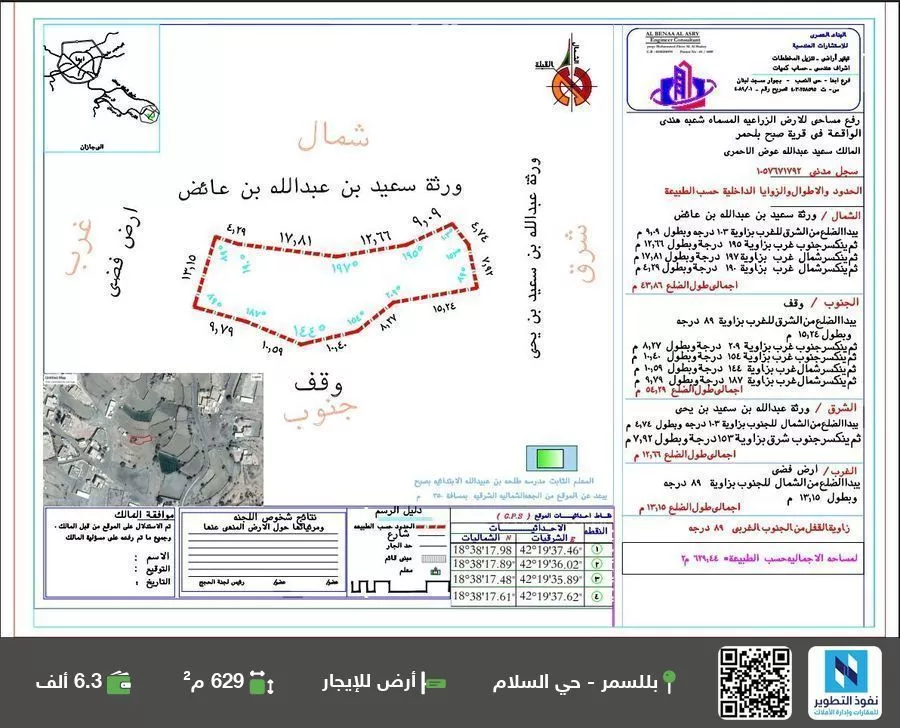 أرض للإيجار في شارع بللحمر, حي حي الاندلس, مدينة العطوف (صبح), منطقة عسير 1 صورة