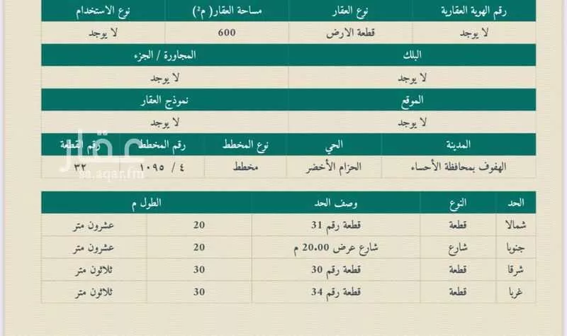 أرض للبيع في شارع الجوهرة بنت سعد السديري ، حي الحزام الأخضر ، الهفوف ، الاحساء 1 صورة