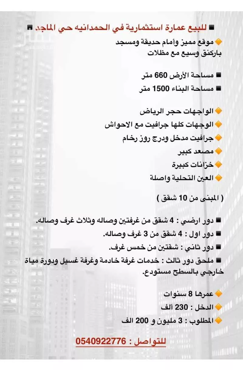 عمارة للبيع في شارع أبي الحسن الجهري, حي الحمدانية, مدينة جدة, منطقة مكة المكرمة 1 صورة