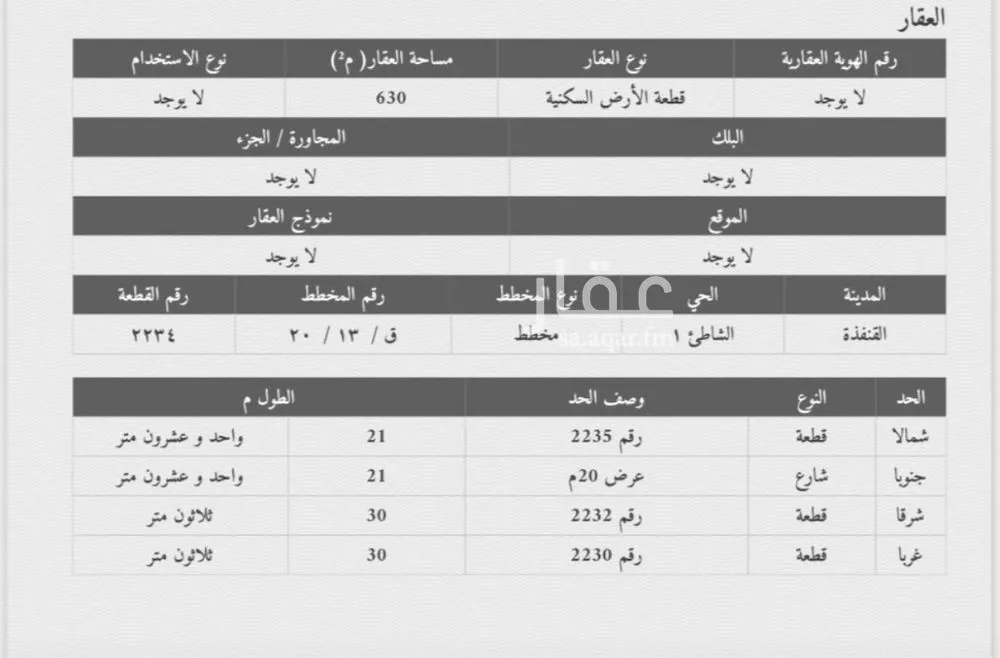 أرض للبيع في حي الشاطئ 1, مدينة القنفذه, منطقة مكة المكرمة 1 صورة