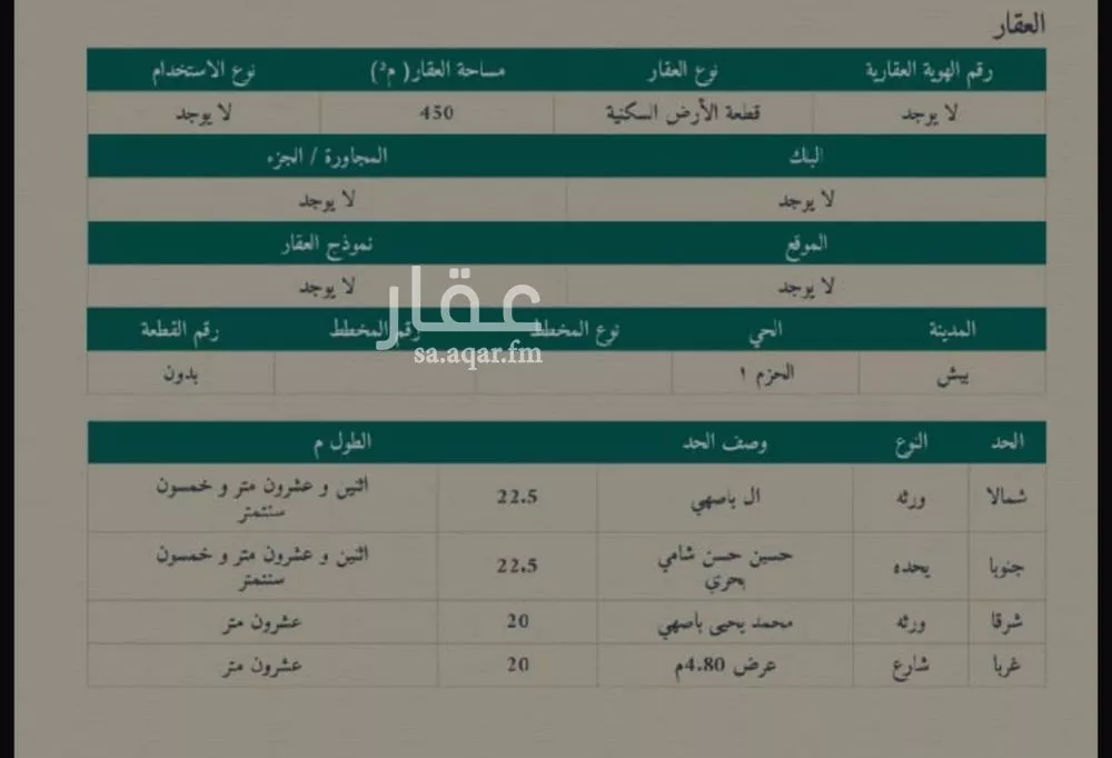 أرض للبيع في شارع ثابت ابن صهيب ابن كرز, حي الحزم 1, مدينة بيش, منطقة جازان 1 صورة
