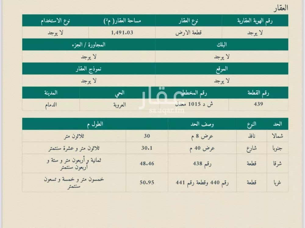 أرض للبيع في شارع ابن الطاهري, حي العروبة, مدينة الدمام, المنطقة الشرقية 1 صورة