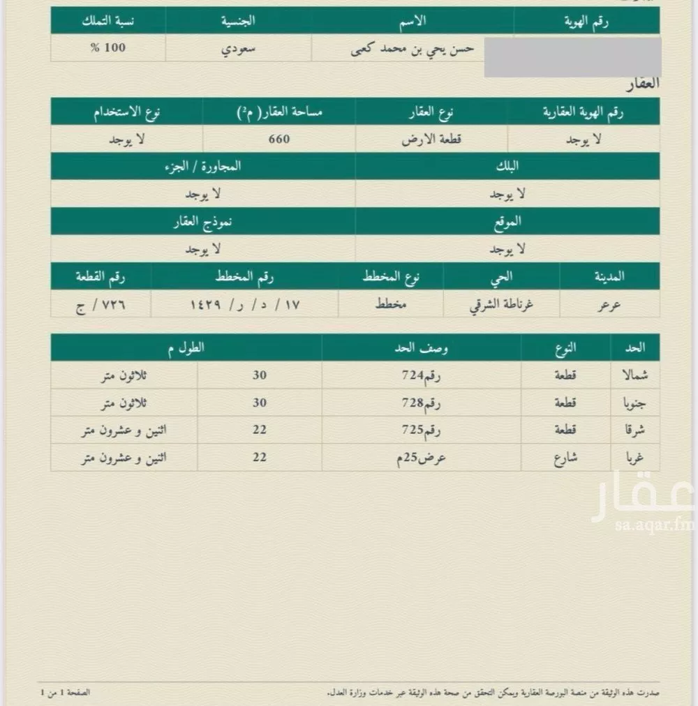 أرض للبيع في شارع دعثور ابن الحارث الغطفاني, حي غرناطة الشرقي, مدينة عرعر, منطقة الحدود الشماليه 1 صورة