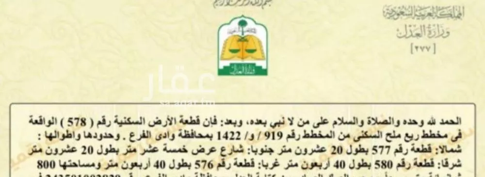 أرض للبيع في حي مخطط وادي  الفرع, مدينة وادي  الفرع, منطقة المدينة المنورة 1 صورة