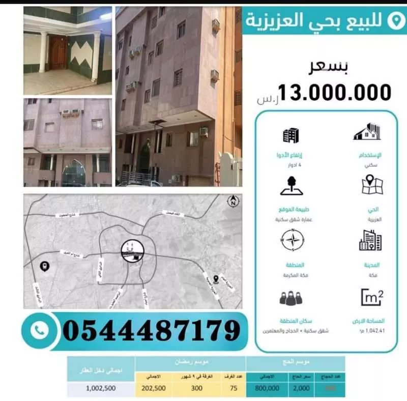 عمارة للبيع في شارع المعسكر الكشفي, حي العزيزية, مدينة مكة المكرمة, منطقة مكة المكرمة 1 صورة