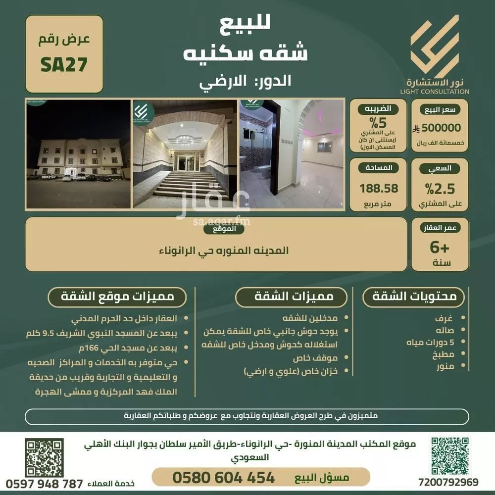 شقة للبيع في شارع قيس ابن عصمة ابن مالك, حي الرانوناء, مدينة المدينة المنورة, منطقة المدينة المنورة 1 صورة