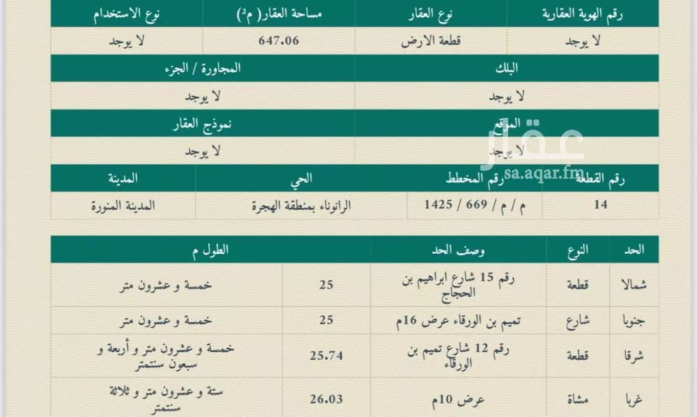 أرض للبيع في شارع تميم ابن الورقاء, حي بنى بياضة, مدينة المدينه المنوره, منطقة المدينة المنورة 1 صورة