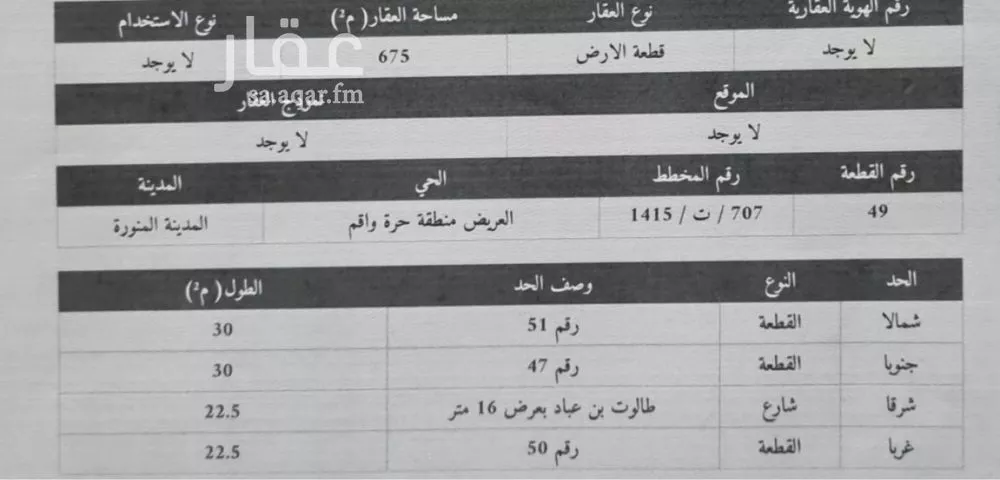 أرض للبيع في شارع طالوت بن عباد, حي العريض, مدينة المدينة المنورة, منطقة المدينة المنورة 1 صورة