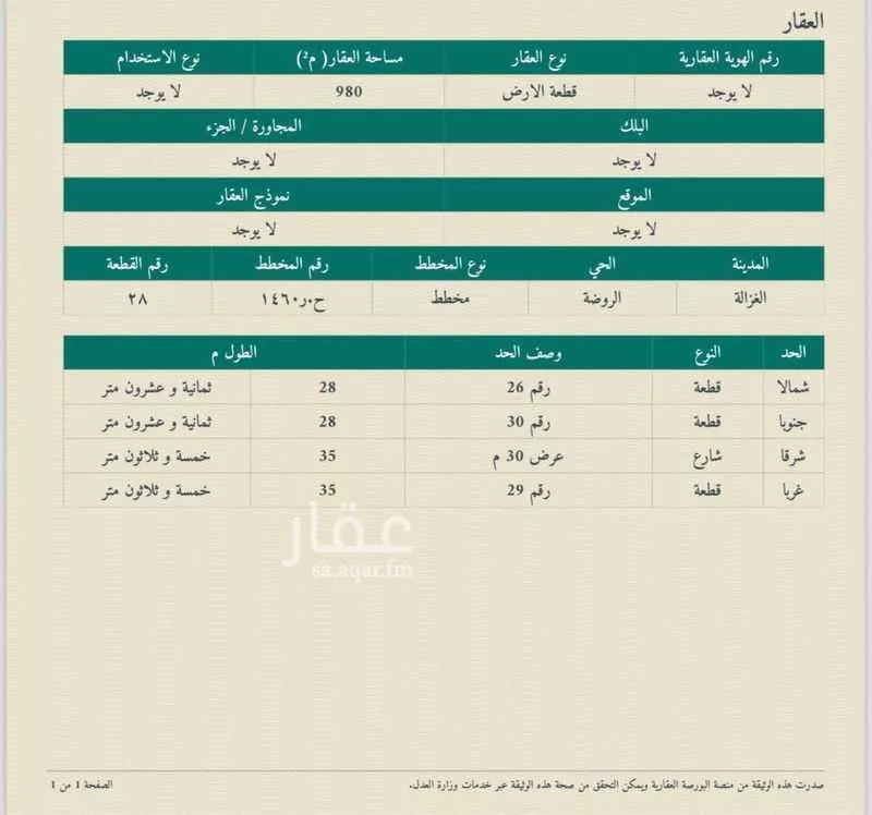 أرض للبيع في شارع العام, حي الروضة, مدينة الغزالة - الروضه, منطقة حائل 1 صورة