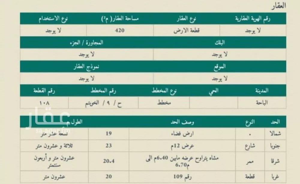 أرض للبيع في شارع آدم بن ربيعه, حي المنار, مدينة الباحة, منطقة الباحة 1 صورة