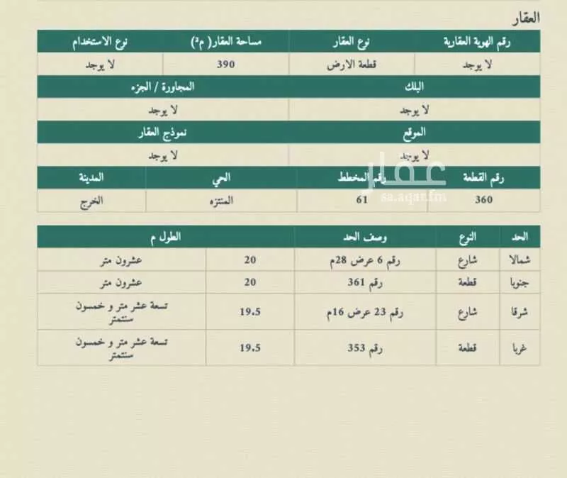 أرض للبيع في شارع شارع كعب بن زهير, حي السلام, مدينة الخرج, منطقة الرياض 1 صورة
