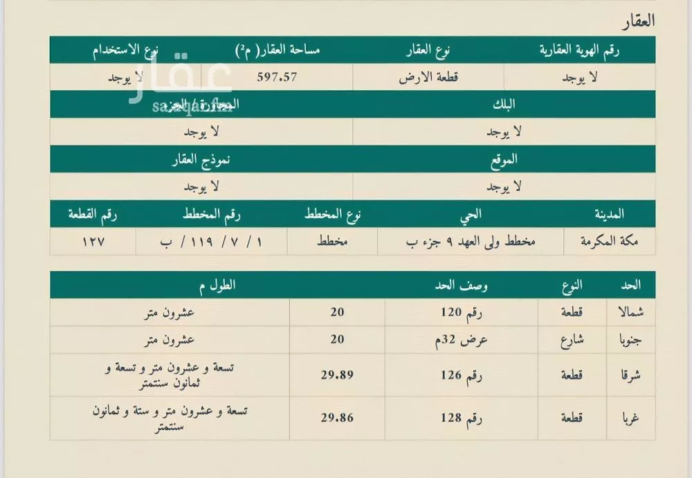 أرض للبيع في شارع الزايد, حي شعب عامر , مدينة مكة المكرمة, منطقة مكة المكرمة 1 صورة