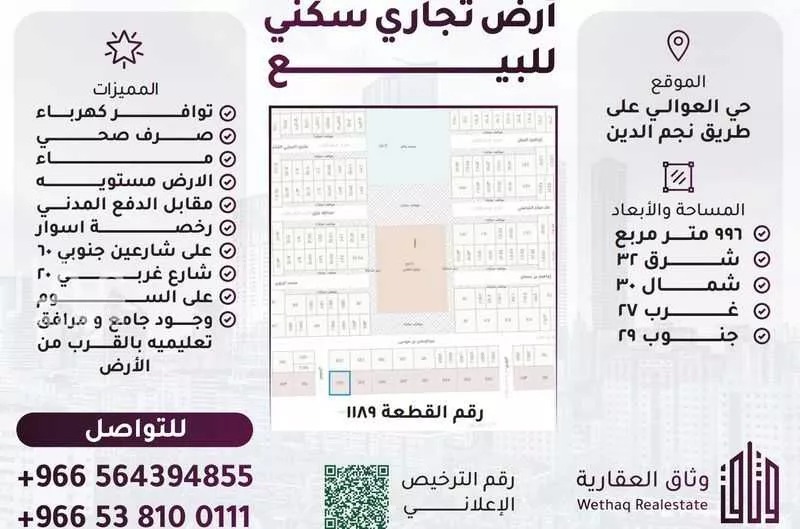 أرض للبيع في شارع نجم الدين الايوبي الفرعي, حي العوالي, مدينة الرياض, منطقة الرياض 1 صورة