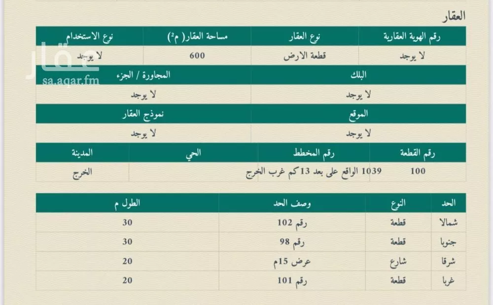 أرض للبيع في شارع الحكم ابو شبيث, حي العدامة, مدينة الخرج, منطقة الرياض 1 صورة