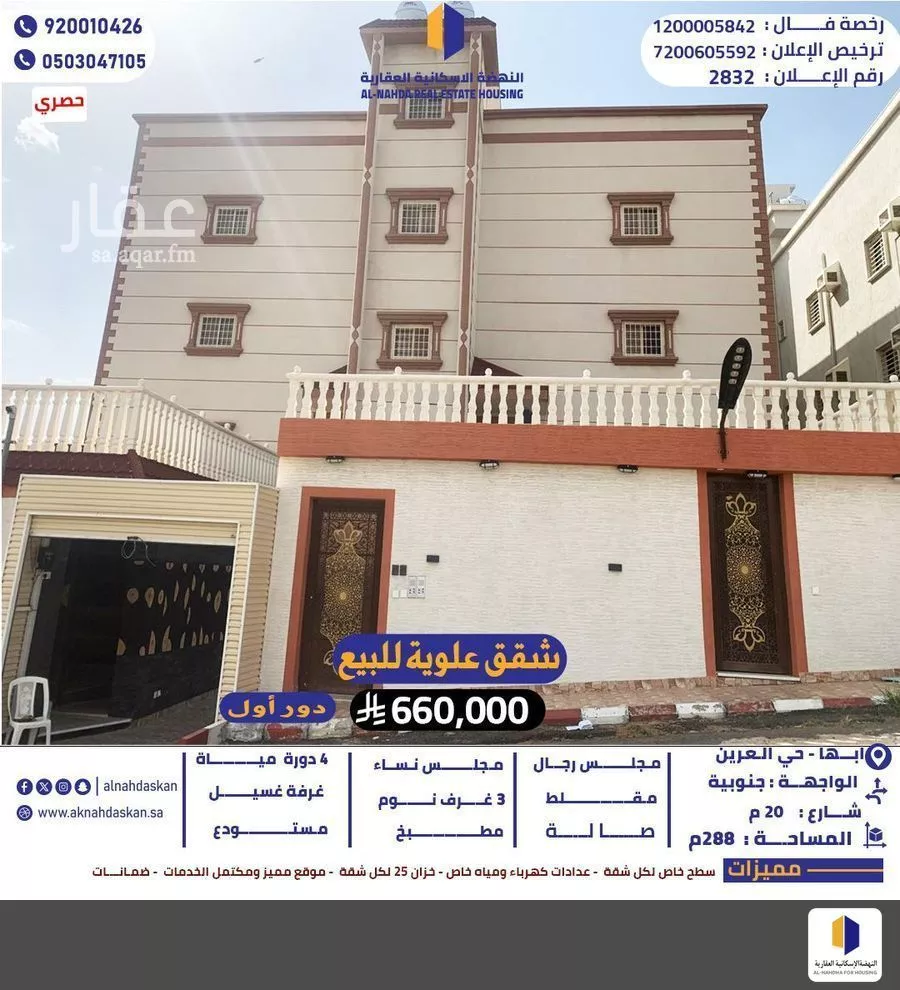 شقة للبيع في شارع الرفعة, حي الزهور, مدينة ابها, منطقة عسير 1 صورة