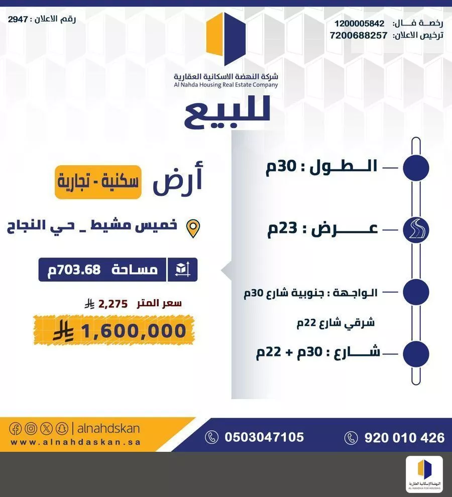 أرض للبيع في شارع معاذ بن يزيد, حي النجاح, مدينة خميس مشيط, منطقة عسير 1 صورة