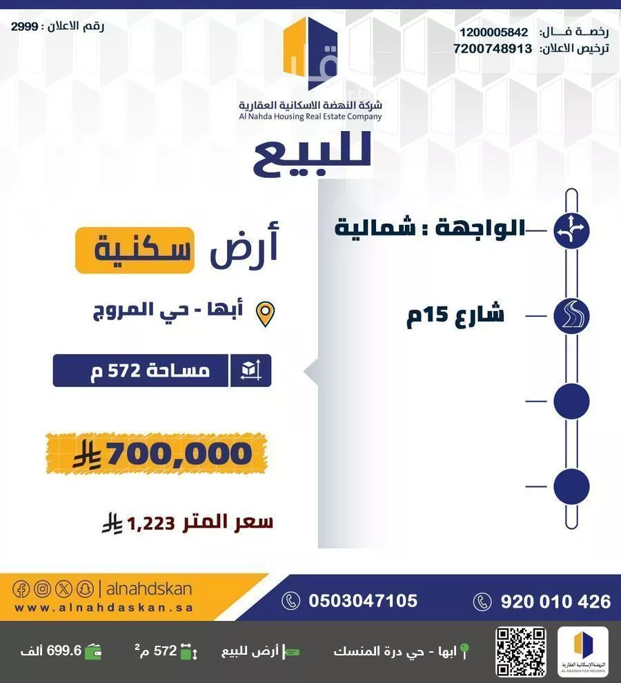 أرض للبيع في شارع شارع ضرار بن الازور, حي المروج, مدينة أبها, منطقة عسير 1 صورة