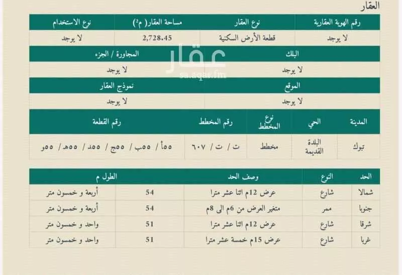 أرض للبيع في شارع محمد الغريض, حي البلدة القديمة, مدينة تبوك, منطقة تبوك 1 صورة