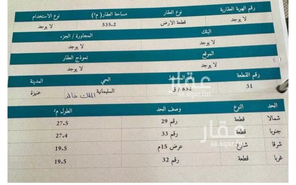 أرض للبيع في شارع يسيرة الأنصارية, حي الملك خالد, مدينة عنيزه, منطقة القصيم 1 صورة