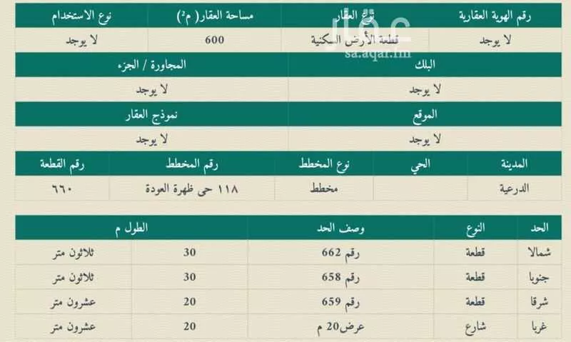 أرض للبيع في شارع ظهره العودة غرب 31 ، حي ظهرة العودة غرب ، الدرعية ، الدرعية 1 صورة